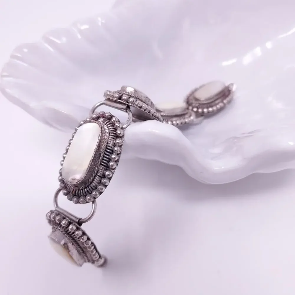 Artisan Bracelet Mother of Pearl Cabochons Bezel Set Silver Tone Sz 6.5 India